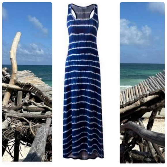 Boho Blue Tie Dye Racerback Tank Maxi Soft Stretchy Dress Size Small - Picture 2 of 10